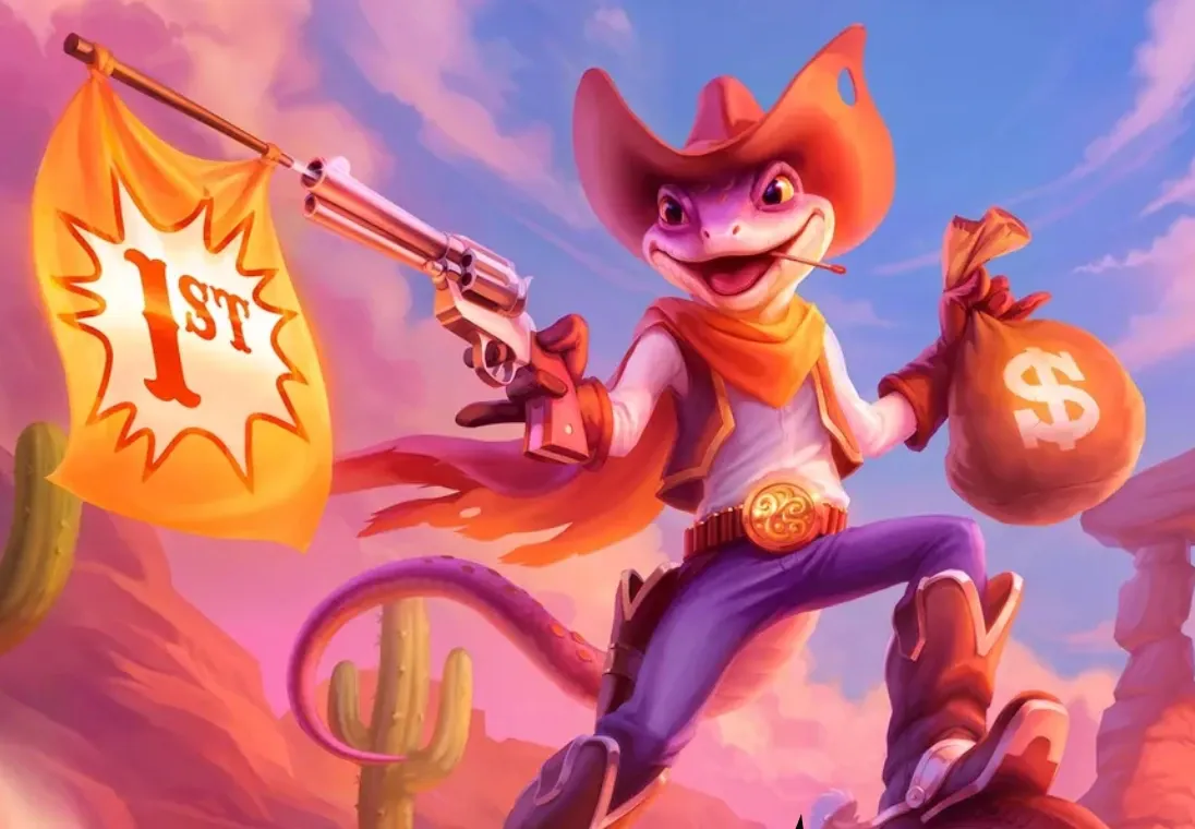 Lizaros gecko-cowboy feirer en gevinst med et '1st'-flagg festet til et gevær og holder en pose med penger i et ørkenlandskap under en rosa himmel.
