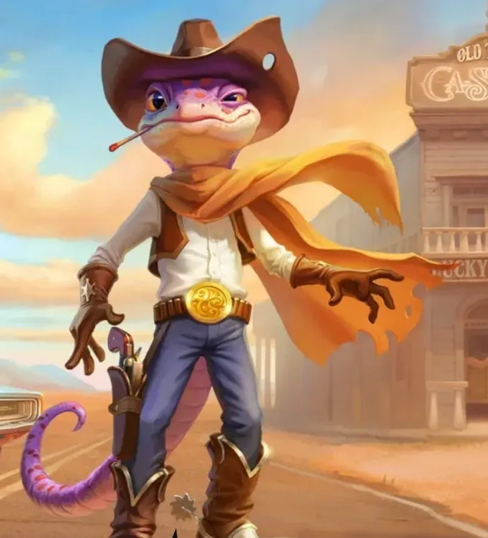 En detaljert illustrasjon av Lizaros maskot, en lilla gecko kledd som en Wild West-cowboy med hatt, skjerf og revolverhylster, stående foran et klassisk kasino i en ørkenby.