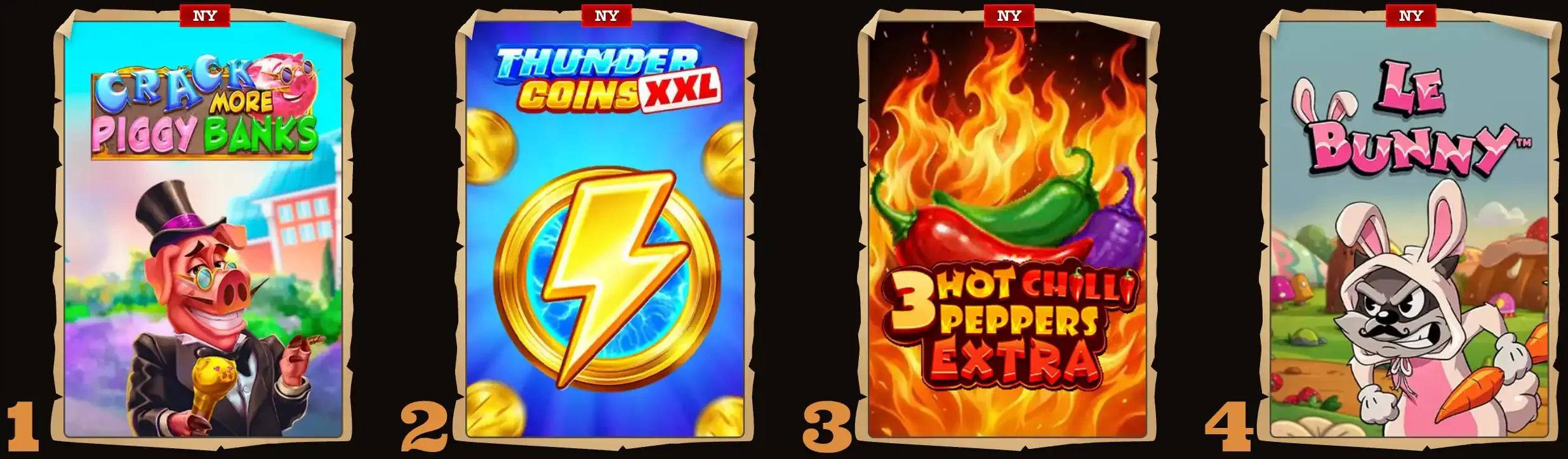 Et utvalg av fire nye spilleautomater hos Lizaro: Crack More Piggy Banks, Thunder Coins XXL, 3 Hot Chili Peppers Extra, og Le Bunny, presentert som ruller med 'NY' markører.